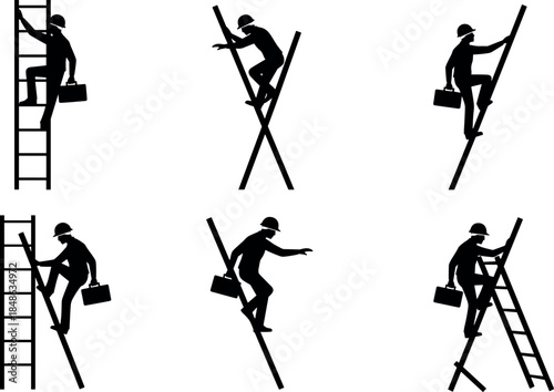 Worker climbing ladders with briefcase – flavector silhouette vector set on ladder safety and risk