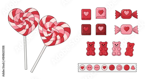 Assorted Valentines Day Candy Illustration with Heart Motifs.