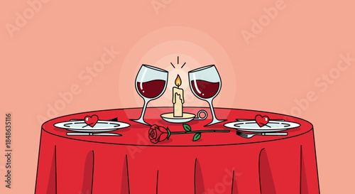 Romantic Dinner Table Setting with Wine Candle and Rose.