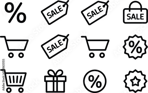 ecommerce sale icons,discount and offer symbol, discount icons,sale icons,shopping icons,promotion icon set,price tag icons,percentage icons,e commerce icons,retail icons,offer symbols,vector icon set