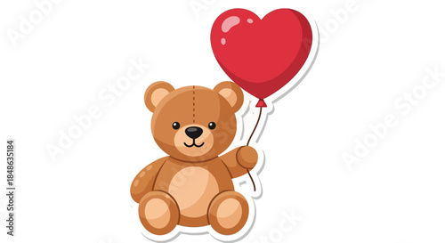 Cartoon Teddy Bear Holding a Red Heart Balloon Illustration.