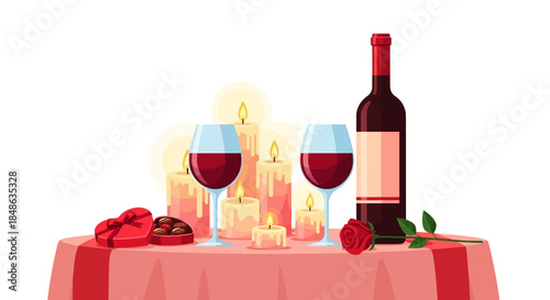 Romantic Table Setting with Wine Candles Rose and Chocolates.