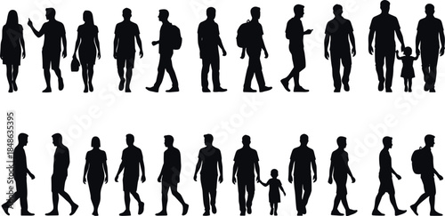 Men walking silhouette vector set featuring male figures in casual poses with children and bags isolated on white background for urban lifestyle and character design