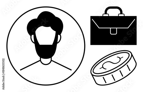 Professional branding, business strategy, financial success, economic growth, career management, corporate identity. A person icon, briefcase and dollar coin. Professional branding and business