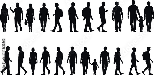 Walking people silhouette vector set featuring men, women, and children in everyday poses isolated on white background for urban lifestyle, crowd, and motion design