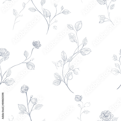 Subtle Blue Floral Toile Seamless Pattern 3, Delicate Botanical Vector Background. Minimal and elegant blue toile seamless pattern featuring delicate floral branches and soft botanical elements.