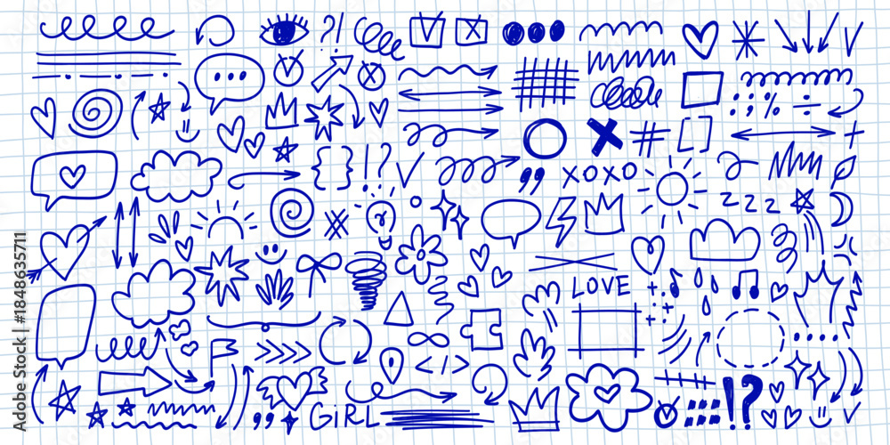 Obraz premium Set of scribble sketch of funny smile, hearts, Arrow, Cloud and other.Trendy hand-drawn doodles in a rough chalk style. 