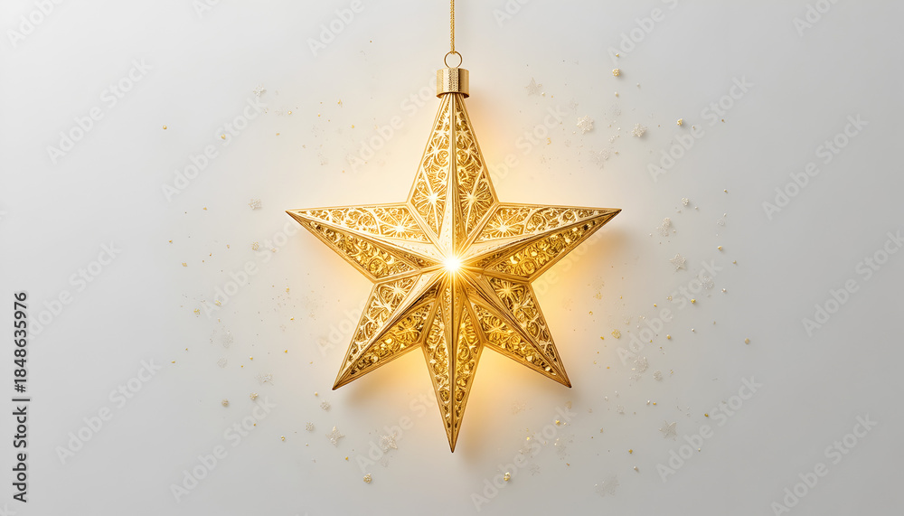 Obraz premium Golden star Christmas ornament shining brightly on white background with sparkles