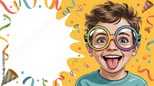 A cheerful cartoon boy with colorful glasses and a joyful expression