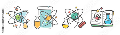 Scientific research and education concept with atom models, lab equipment, and textbooks