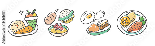 Delightful hand-drawn food collection featuring breakfast, lunch, and snack illustrations