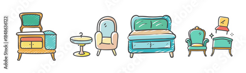 Collection of whimsical hand-drawn furniture in a charming cartoon style for interior design