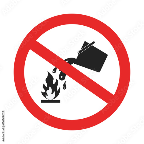 Isolated illustration of a sign prohibiting extinguishing fire with water in a bucket.