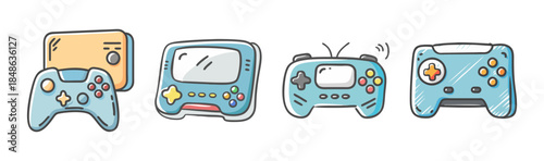 A delightful collection of hand-drawn vintage video game controllers and portable consoles