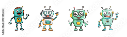 A delightful collection of four cheerful cartoon robots, each with a unique design and friendly expression