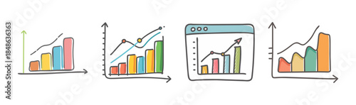 Colorful hand-drawn set of various bar and line graphs showing financial and business growth