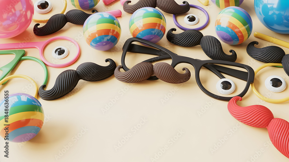 Obraz premium Colorful easter eggs and whimsical accessories on a light surface