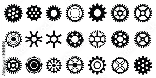Diverse Collection of Black Silhouette Icons Representing Gears and Cogs wheel mechanism