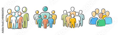 Colorful hand-drawn group icons illustrating diverse people, community, and team collaboration