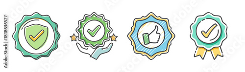 Hand-drawn quality assurance, satisfaction, and guarantee badge icons set