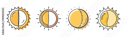 Illustrative set of sun icons depicting various states of day, light, and celestial phases