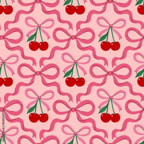 Seamless pattern with cherries and bows. Vector graphics.