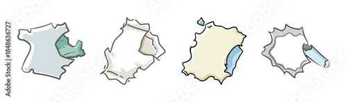 Abstract torn paper shapes with various color accents representing different concepts