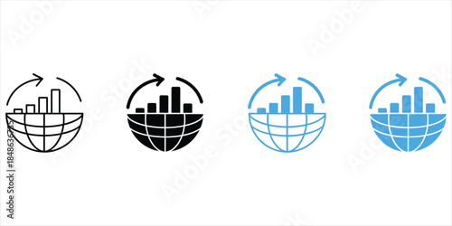 Four icons illustrating global business growth and financial analytics with charts and arrows Keywords: global, business, growth