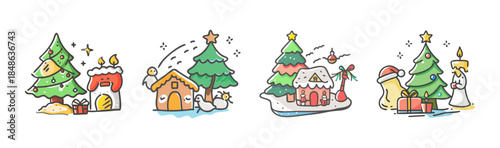 Charming holiday collection of cozy christmas scenes with decorated trees and houses