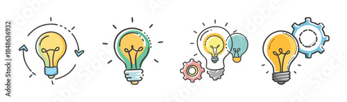Illustrative set of light bulbs representing creative ideas, innovation, and thought processes