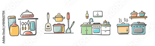 Collection of hand-drawn kitchen appliances and cooking utensils in a cute doodle style