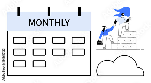 Time management, teamwork, leadership, goal setting, productivity, cloud technology. Monthly calendar layout alongside a leader helping a teammate climb blocks. Leadership and time management concept