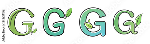 Four creative letter g designs in green and teal, adorned with natural leaves, symbolizing growth and eco-friendliness