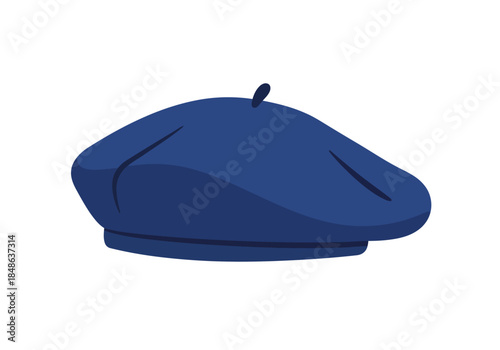 A blue beret illustration viewed from the side, showcasing its detailed design and dark blue color in a simple, graphic representation.
