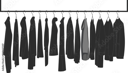 Row of Dark Jackets and Coats Hanging on a Clothes Rack with One Grey Jacket Keywords: jackets, coats, clothing, apparel, fashion