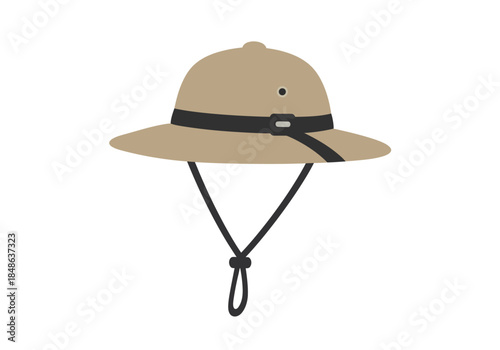 Illustration of a safari hat with chin strap and ventilation hole, viewed from the front
