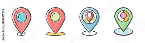 Vibrant hand-drawn location pin icons collection for map and gps applications