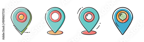 Collection of hand-drawn location map pin icons with a charming doodle style