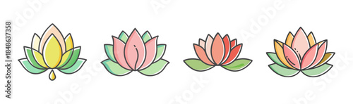 Collection of beautiful stylized lotus flowers in various pastel colors and designs