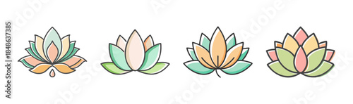 A collection of beautiful pastel stylized lotus flower icons for wellness and tranquility designs