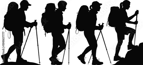 Silhouettes of hikers with backpacks and trekking poles on white background Keywords: hiking, silhouette, backpack, trekking