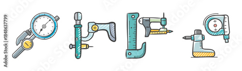 Collection of hand-drawn precision measuring tools in a light, illustrative style