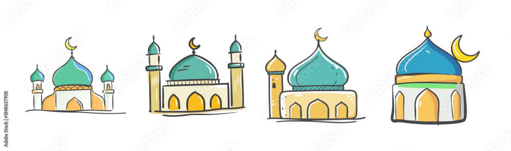 Fototapeta premium Cute cartoon mosque buildings with crescent moon symbols, ideal for islamic celebrations