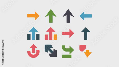 Set of colorful directional arrows and graphs pointing up, down, left, and right, representing growth and movement