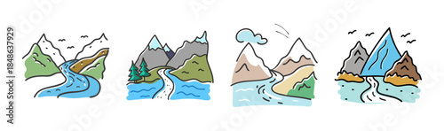 Hand-drawn collection of picturesque mountain landscapes with winding rivers