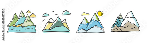 Collection of hand-drawn cartoon mountains representing diverse natural landscapes and seasons