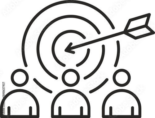 Teamwork Target Icon with Arrow Hitting Bullseye and Connected People Symbols Keywords: teamwork, target, goal, success, business