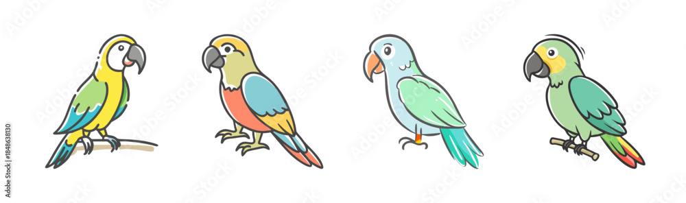 Fototapeta premium A collection of colorful cartoon parrots in various hues and cheerful poses