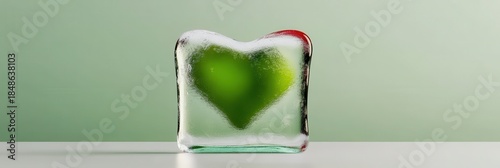 A heart-shaped glass vase holds a green object, creating a beautiful and symbolic still life
