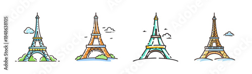 Stylized eiffel tower illustrations set in various color palettes for travel and design